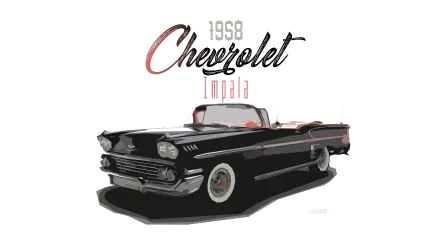 1958 Chevrolet Impala vintage car illustration in a retro style, displayed as a classic black Chevrolet vehicle on an HD desktop wallpaper background.