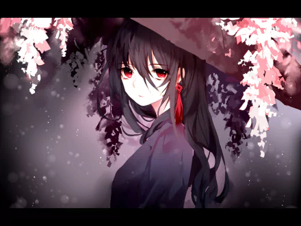 Anime-style HD desktop wallpaper featuring a girl with black hair and red eyes holding an umbrella, surrounded by delicate pink flowers in a serene atmosphere.