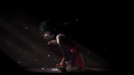 HD desktop wallpaper of Izuku Midoriya from My Hero Academia in a dark setting, crouching while wearing his hero costume with dramatic lighting.