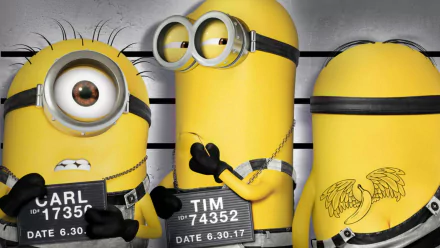 HD wallpaper featuring Minions Bob, Kevin, and Stuart from the movie Despicable Me 3 posing in a lineup, with humorous expressions and holding ID placards. The backdrop adds a mischievous touch to this fun image.