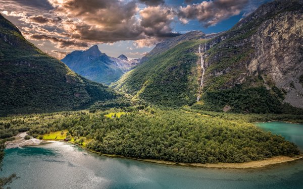 Earth Fjord Mountain Norway Landscape Waterfall Forest Cloud HDR Summer Sunshine HD Wallpaper | Background Image