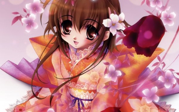Anime Original Brown Hair Smile Brown Eyes Blush Kimono Short Hair HD Wallpaper | Background Image