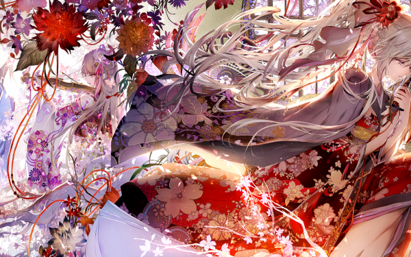 Anime Original White Hair Flower Kimono Long Hair HD Wallpaper | Background Image
