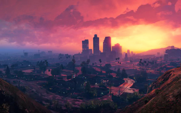 A vibrant sunset casts colorful hues over the skyline of Los Santos, showcasing skyscrapers against a dramatic sky in this HD wallpaper from Grand Theft Auto V.