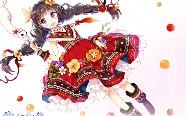 Anime Original Purple Hair Dress Flower Twintails Cat HD Wallpaper | Background Image