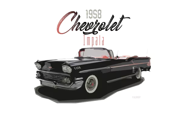 1958 Chevrolet Impala vintage car illustration in a retro style, displayed as a classic black Chevrolet vehicle on an HD desktop wallpaper background.