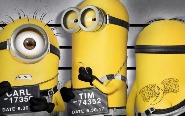 HD wallpaper featuring Minions Bob, Kevin, and Stuart from the movie Despicable Me 3 posing in a lineup, with humorous expressions and holding ID placards. The backdrop adds a mischievous touch to this fun image.