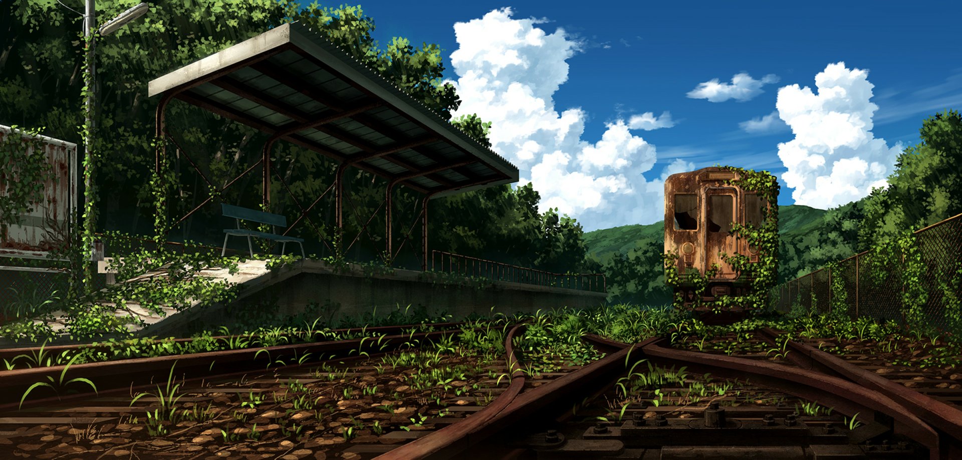 Anime-style HD desktop wallpaper depicting an abandoned train station surrounded by nature. The sky is blue with fluffy clouds, and trees border the railroad tracks.