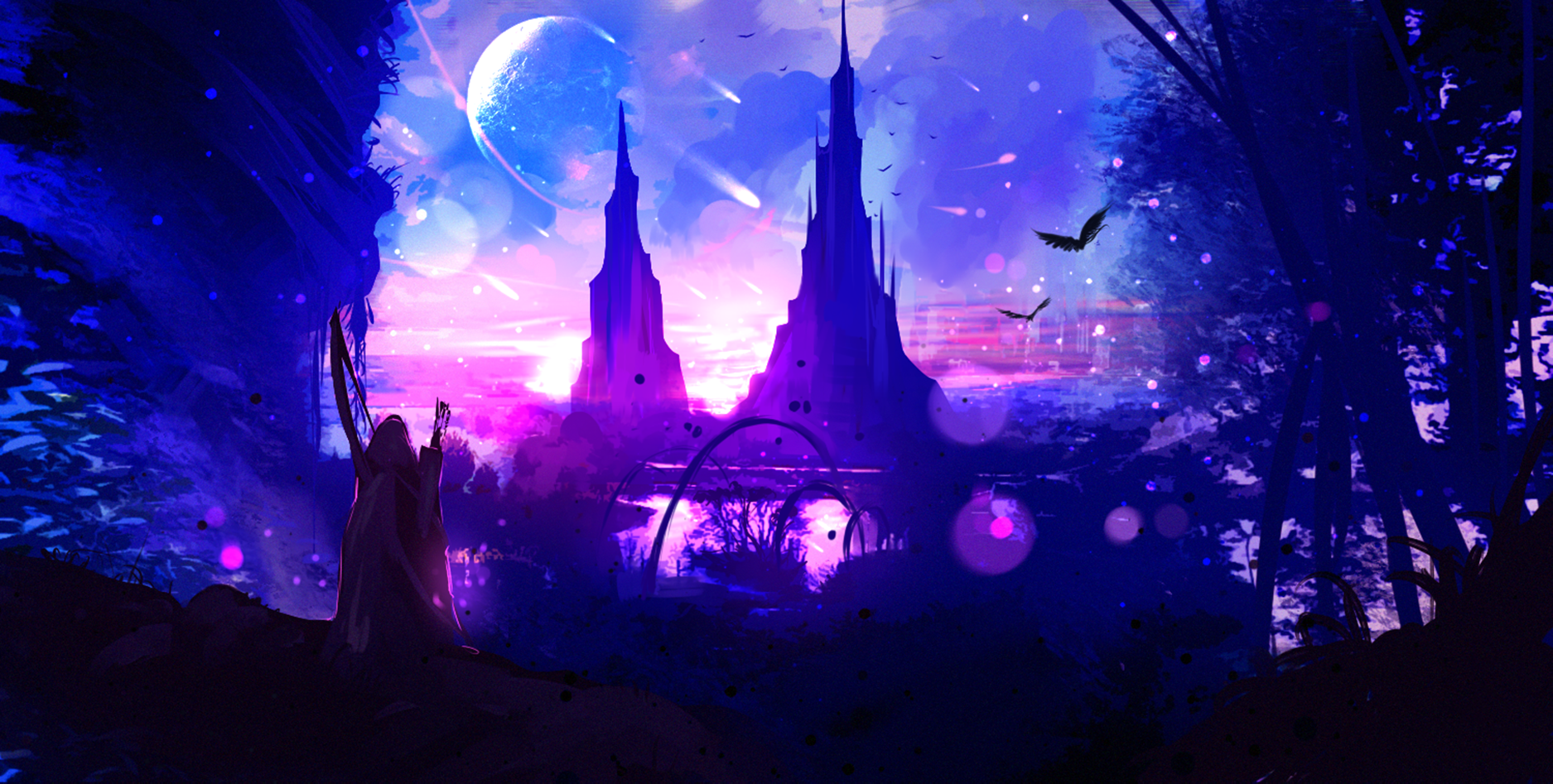 HD anime wallpaper showcasing a mystical landscape with a glowing planet, dark trees, birds in flight, and a towering castle against a purple and blue sky.