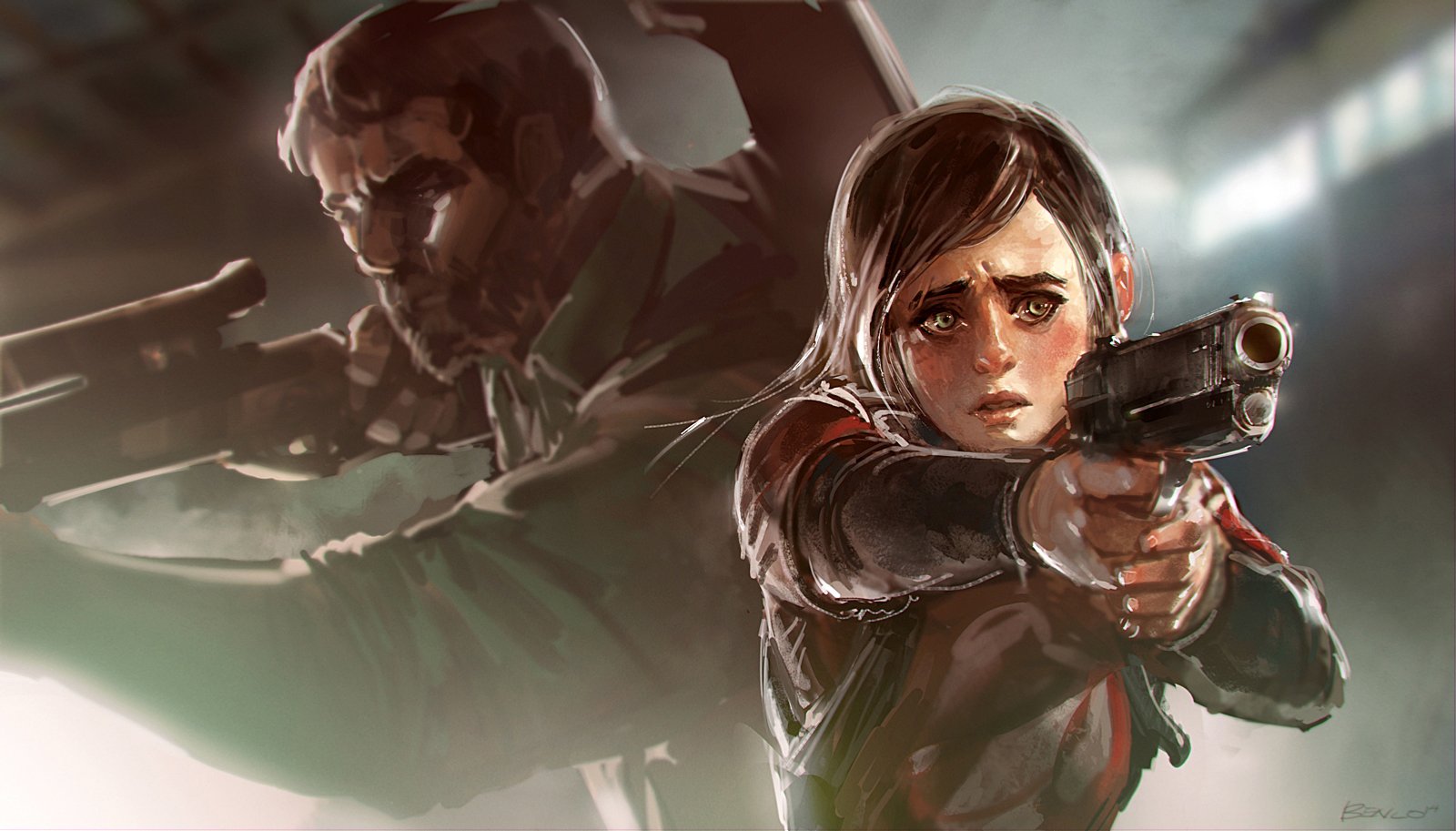 HD PC desktop wallpaper featuring Joel and Ellie from the video game The Last of Us, both aiming their weapons with intense expressions in a dramatic background.