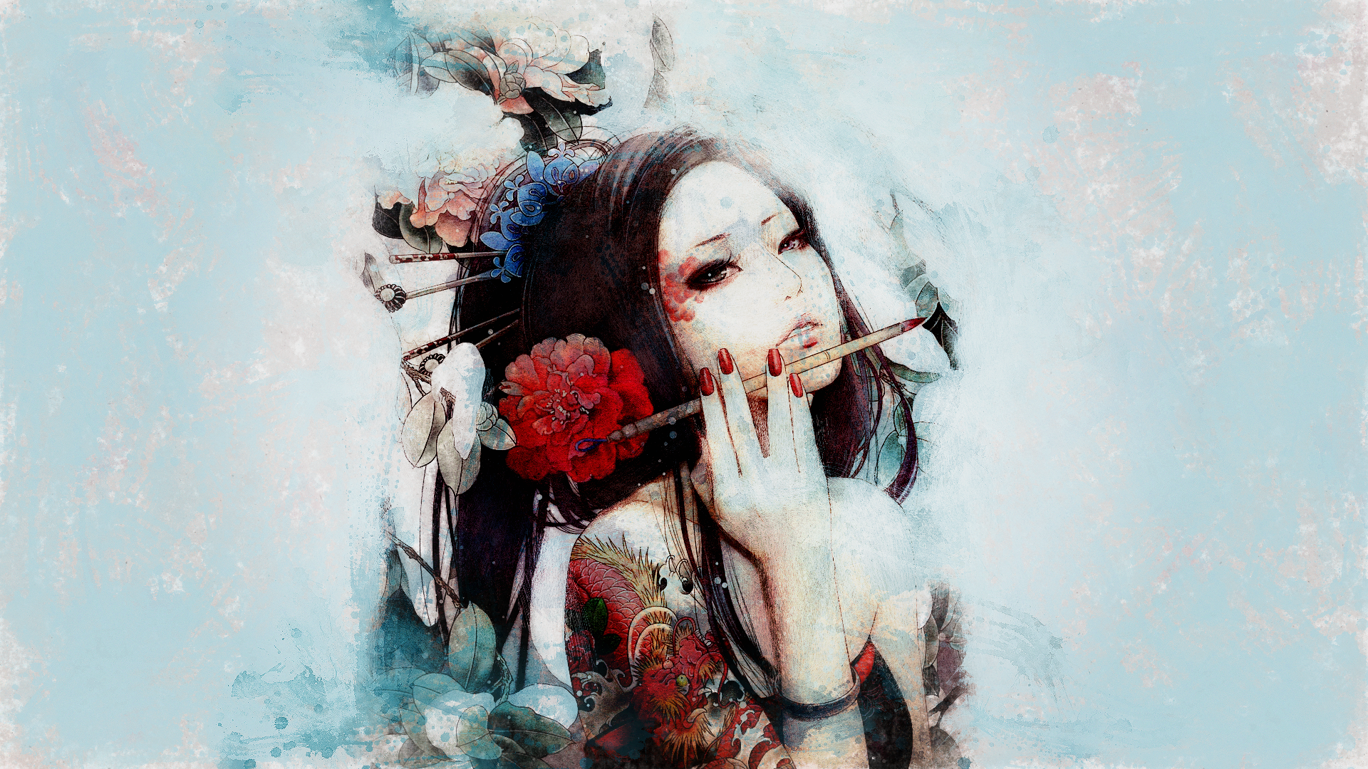 Download Flower Ink Brush Headdress Black Hair Long Hair Video Game JX Online HD Wallpaper by Zhang Xiao Bai