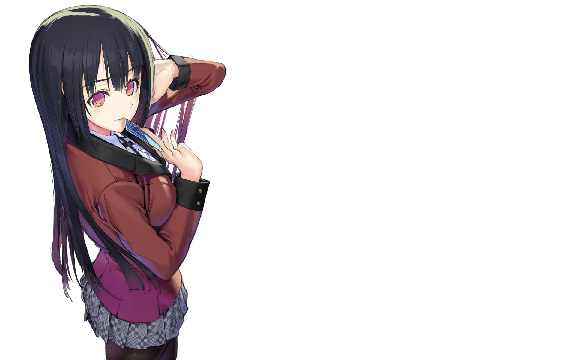 An 8K Ultra HD anime wallpaper featuring Yumeko Jabami from Kakegurui, showcasing her with long dark hair and a confident pose against a white background.