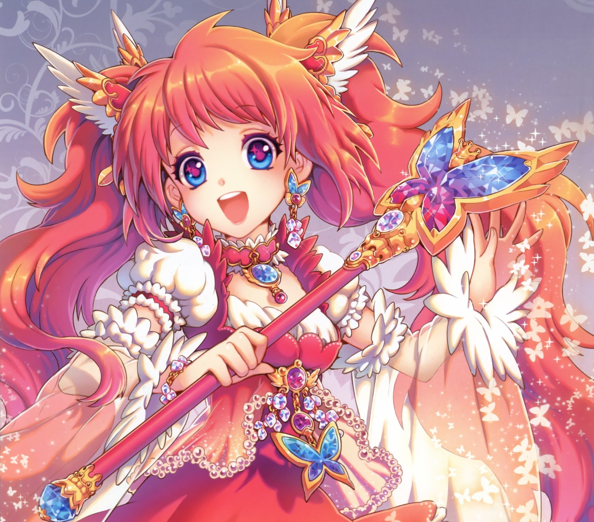 Anime original character with orange twintails, blue eyes, and blush smiles brightly, holding a butterfly-topped wand, adorned with earrings and intricate accessories in an HD wallpaper.