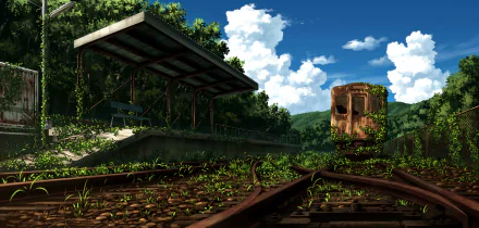 Anime-style HD desktop wallpaper depicting an abandoned train station surrounded by nature. The sky is blue with fluffy clouds, and trees border the railroad tracks.