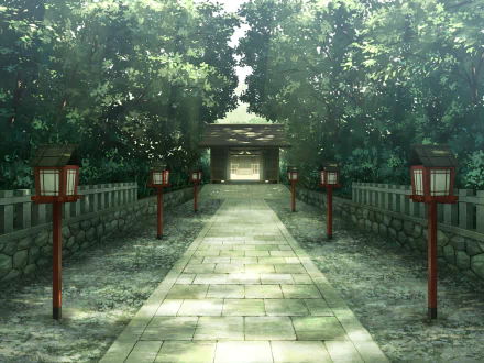 Anime-style HD wallpaper featuring a peaceful stone path leading to a shrine, flanked by red lanterns and shaded by lush trees with sunlight streaming through.