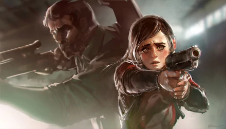 HD PC desktop wallpaper featuring Joel and Ellie from the video game The Last of Us, both aiming their weapons with intense expressions in a dramatic background.