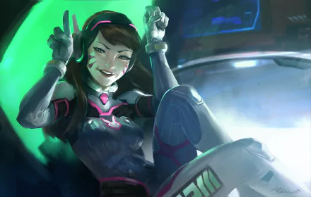 HD PC desktop wallpaper featuring D.Va from Overwatch, showcasing her in a dynamic pose with vibrant colors and sci-fi elements from the video game.