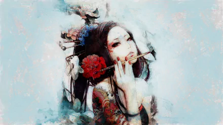 flower ink brush headdress black hair long hair video game JX Online HD Desktop Wallpaper | Background Image
