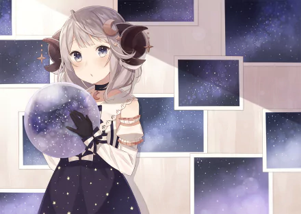 Anime-style original character with white hair, blue eyes, and horns, wearing a dress and gloves, holding a glowing globe against a starry, framed night sky background.
