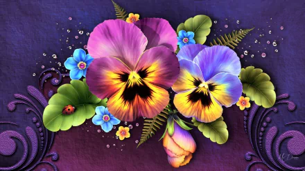Vibrant HD wallpaper featuring artistic pansies and colorful flowers against a rich purple backdrop, enhancing any desktop with its floral design.
