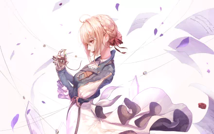 An HD desktop wallpaper featuring Violet Evergarden, from the anime Violet Evergarden. The character is depicted with delicate details, surrounded by floating papers and purple accents.
