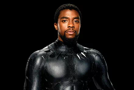 HD desktop wallpaper of Chadwick Boseman in his Black Panther costume, set against a black background.