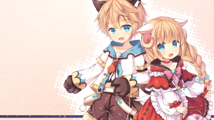 HD PC desktop wallpaper featuring Hansel and Gretel characters from the video game Aura Kingdom in colorful, detailed anime-style art.