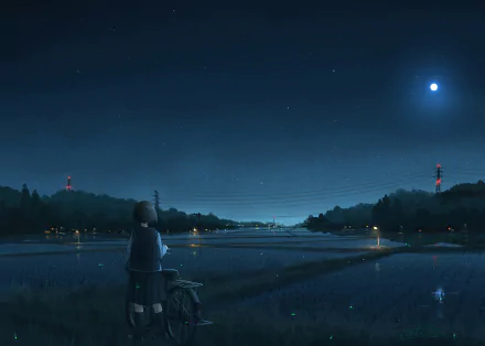 sky field bicycle bag school uniform moon night Anime Original anime night Sky Anime HD Desktop Wallpaper | Background Image
