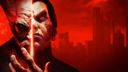 HD desktop wallpaper of Tekken 7 featuring Heihachi Mishima and Kazuya Mishima against a red background, with half of each character's face highlighted.