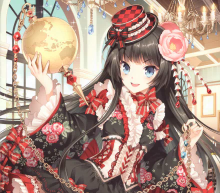HD PC desktop wallpaper featuring Imabeppu Komomo from the anime Gang Road Joker, dressed in an elaborate floral kimono holding a globe with intricate traditional accessories.