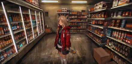 Anime-style HD PC desktop wallpaper of a girl in a red jacket standing inside a shop filled with various products on shelves and in coolers.