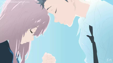 HD wallpaper featuring Shouya Ishida and Shouko Nishimiya from the anime A Silent Voice, with both characters bowing their heads, set against a pale blue background.