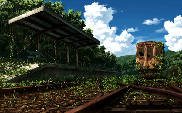 Anime-style HD desktop wallpaper depicting an abandoned train station surrounded by nature. The sky is blue with fluffy clouds, and trees border the railroad tracks.