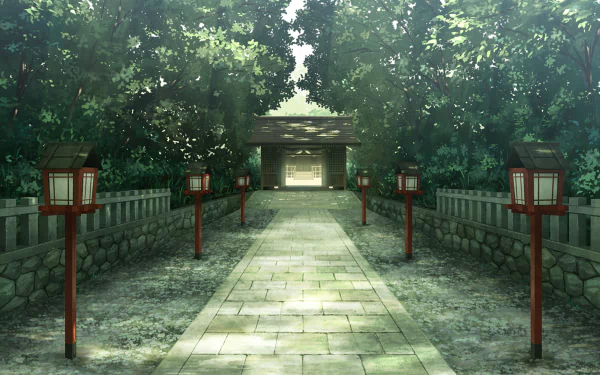 Anime-style HD wallpaper featuring a peaceful stone path leading to a shrine, flanked by red lanterns and shaded by lush trees with sunlight streaming through.