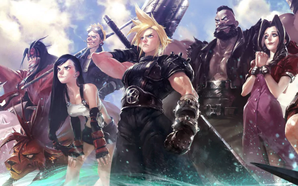 Moogle (Final Fantasy) Cait Sith Red XIII Cid Highwind Vincent Valentine Yuffie Kisaragi Aerith Gainsborough Barret Wallace Tifa Lockhart Cloud Strife video game Final Fantasy VII HD Desktop Wallpaper | Background Image