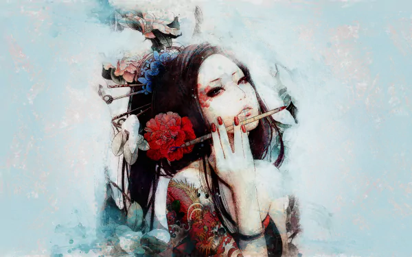 flower ink brush headdress black hair long hair video game JX Online HD Desktop Wallpaper | Background Image