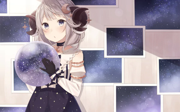 Anime-style original character with white hair, blue eyes, and horns, wearing a dress and gloves, holding a glowing globe against a starry, framed night sky background.