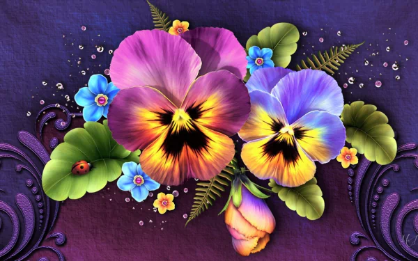 Vibrant HD wallpaper featuring artistic pansies and colorful flowers against a rich purple backdrop, enhancing any desktop with its floral design.