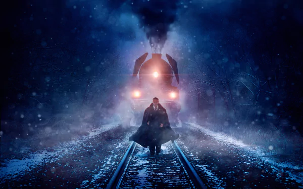 HD desktop wallpaper from the movie Murder on the Orient Express (2017), showing a person walking on snow-covered train tracks at night with a steam engine illuminated behind them.