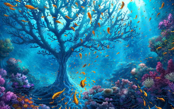 A vibrant HD wallpaper depicting an underwater scene with sunbeams illuminating a coral reef. Fish swim around a tree-like coral surrounded by colorful sea life, plants, and oceanic elements.