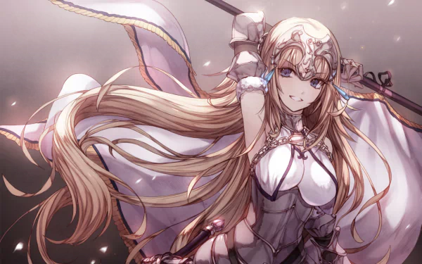 HD anime desktop wallpaper featuring Ruler from Fate/Apocrypha with flowing hair and detailed armor, set against a soft, glowing background.