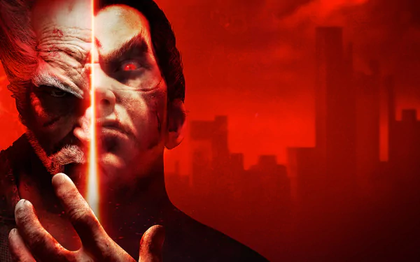 HD desktop wallpaper of Tekken 7 featuring Heihachi Mishima and Kazuya Mishima against a red background, with half of each character's face highlighted.
