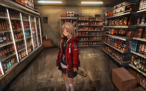 Anime-style HD PC desktop wallpaper of a girl in a red jacket standing inside a shop filled with various products on shelves and in coolers.