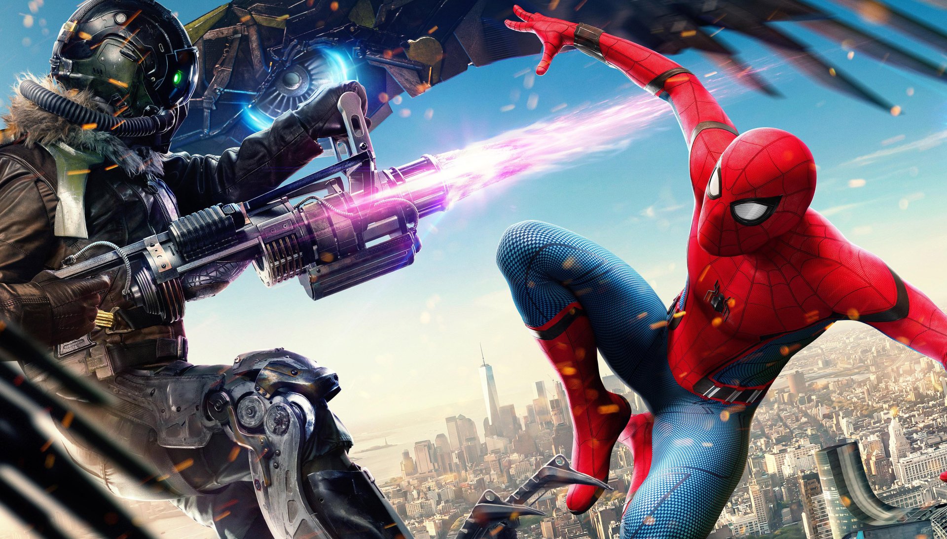 HD desktop wallpaper from Spider-Man: Homecoming featuring Spider-Man in an intense battle with Vulture over a cityscape.