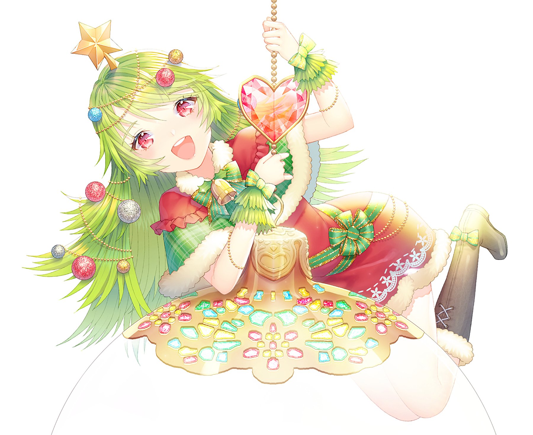 Anime-style Christmas-themed HD desktop wallpaper featuring a green-haired girl with red eyes in a festive dress, decorated with stars, hearts, and holiday ornaments.