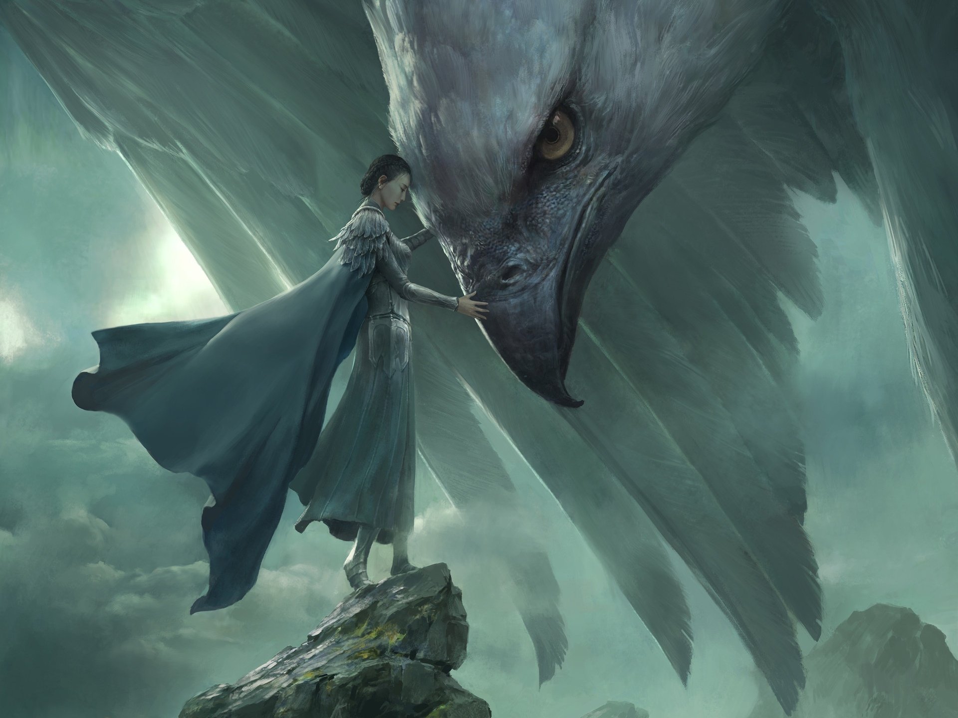 A fantasy HD desktop wallpaper featuring a woman in oriental armor standing on a rock, placing her hand on a giant eagle's beak, set against a dramatic, moody background.