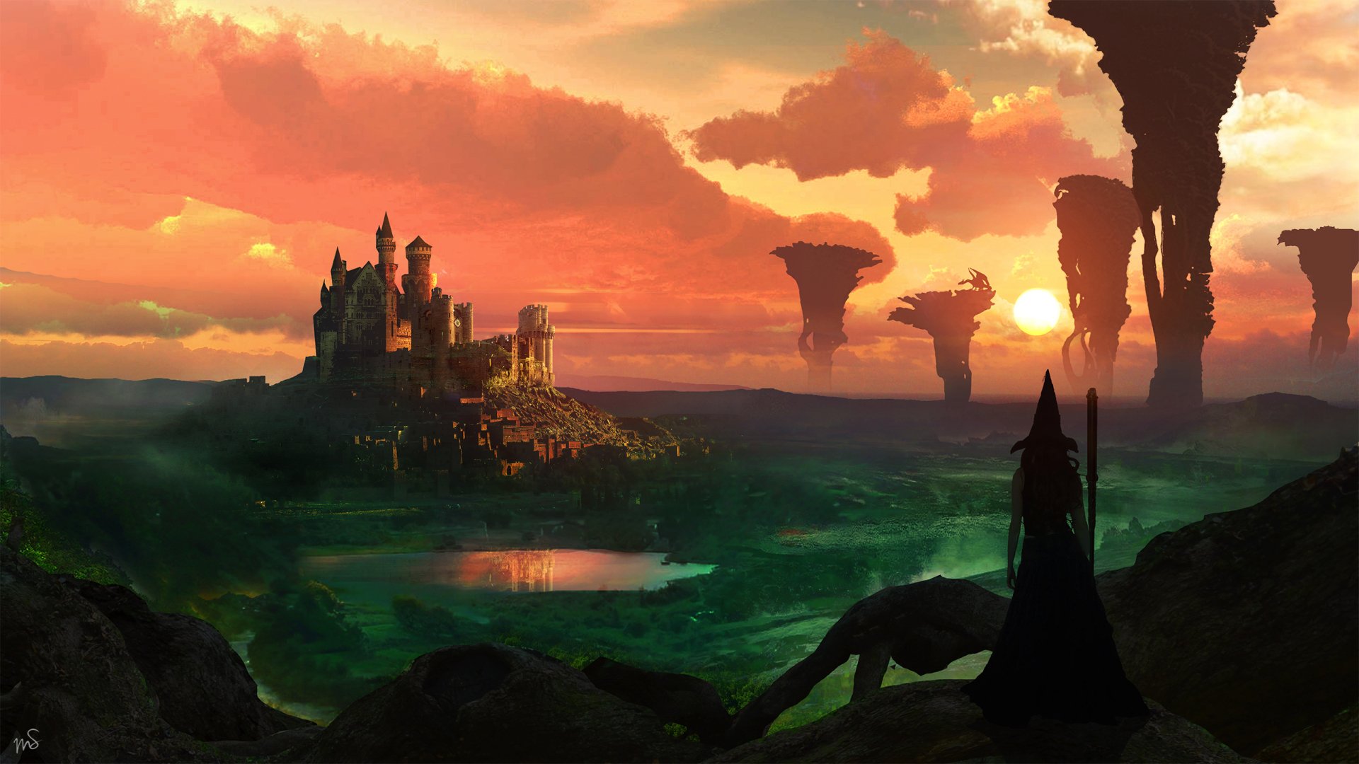 HD desktop wallpaper featuring a fantasy landscape with a castle in the distance and a witch in the foreground, set against a dramatic sunset sky with floating rock formations.