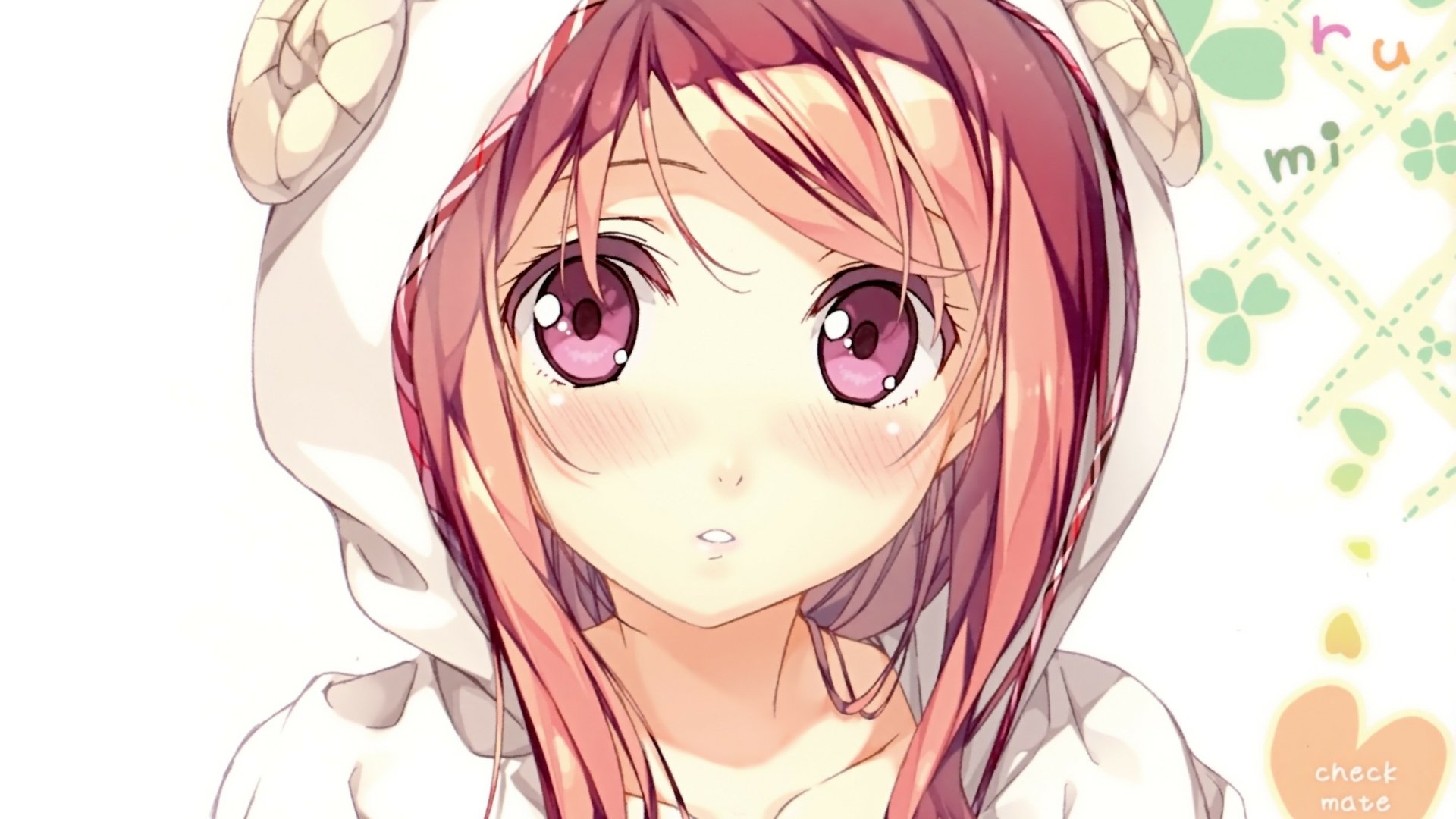 Close-up of an original anime girl from 5 Nenme no Houkago with pink hair and eyes, blushing in a white hoodie with ear details — HD PC desktop wallpaper/background.
