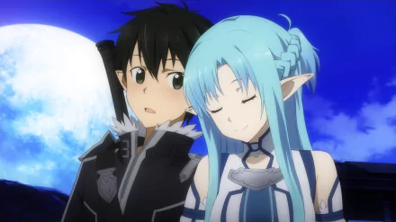 HD PC desktop wallpaper featuring Kirito and Sinon from the anime Sword Art Online against a bright full moon and deep blue night sky.
