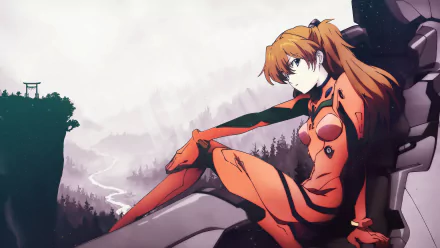 HD desktop wallpaper featuring Asuka Langley Sohryu from Neon Genesis Evangelion, inspired by Evangelion: 2.0 You Can (Not) Advance, with a misty mountainous background.